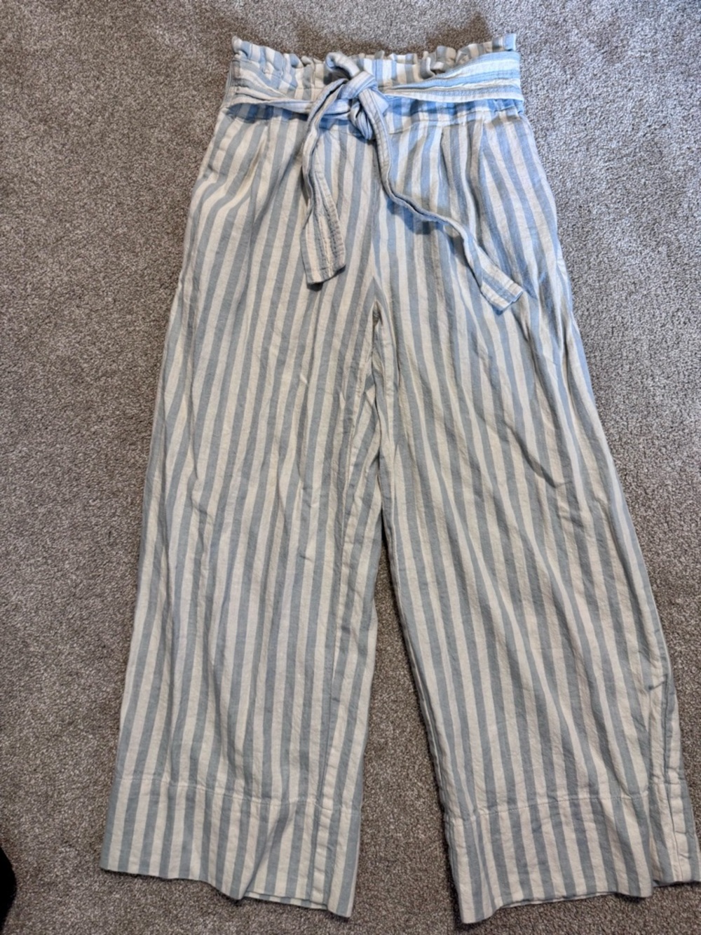 Madewell soft green and White Striped Paperbag Waist Wide-Leg Pants- linen